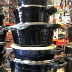 5-Piece Black Granite Speckle Cookware Set with Glass Lids, Ribbed Body & Double Handles