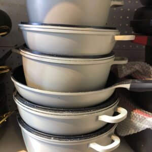 6-Piece Granite Coated Cookware Set Grey Double Handles with Lids