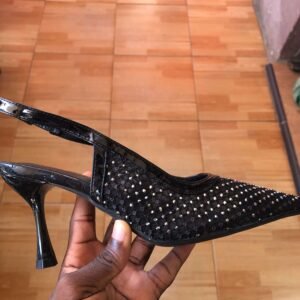Black Mesh Slingback Heels (Crystal Studded Kitten Heel Shoes for Women)