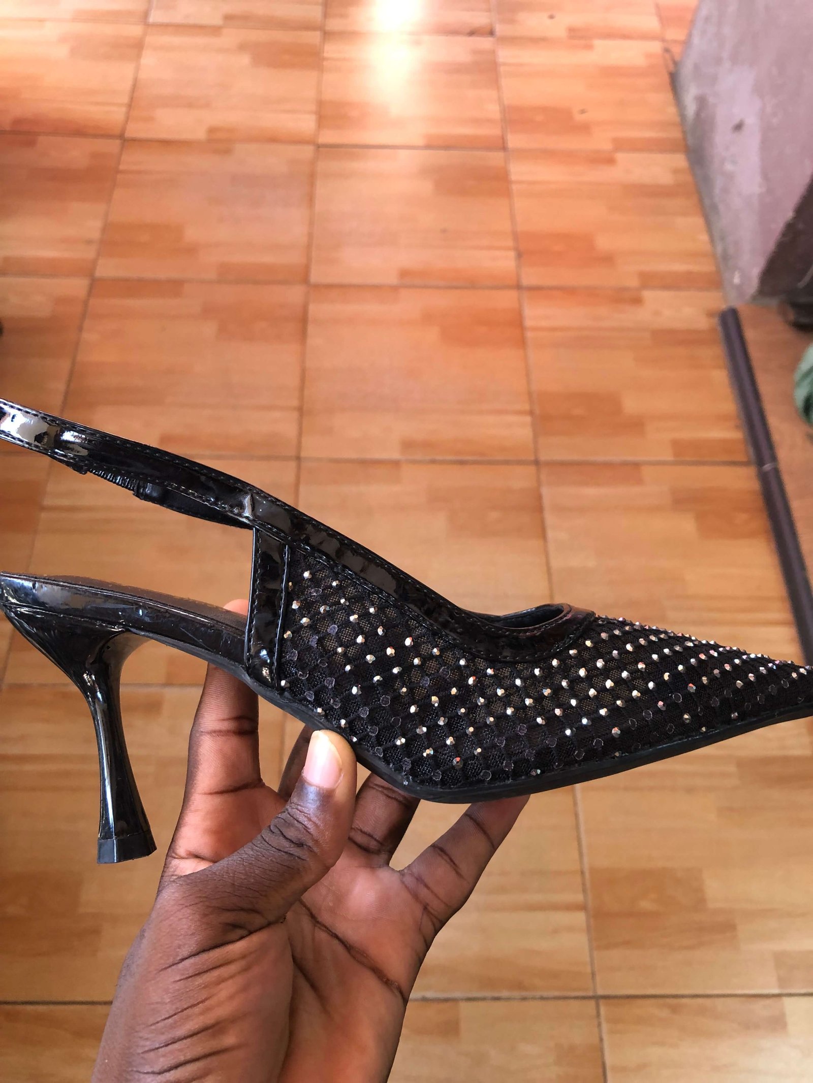 Black Mesh Slingback Heels (Crystal Studded Kitten Heel Shoes for Women)