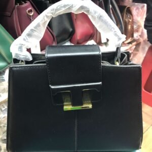 Black Structured Handbag with Gold T-Bar Clasp