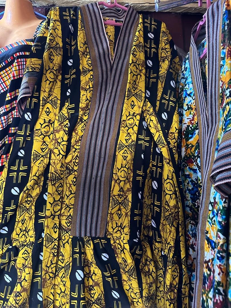 African Print Smock Tunic / Kimono in Yellow and Black Geometric Motif