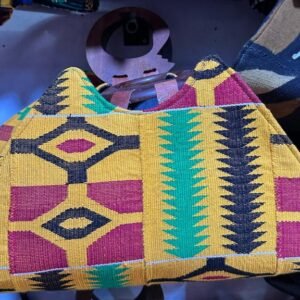 Heavy-duty cotton-rich Kente printed textile blend, natural polished wood handles.