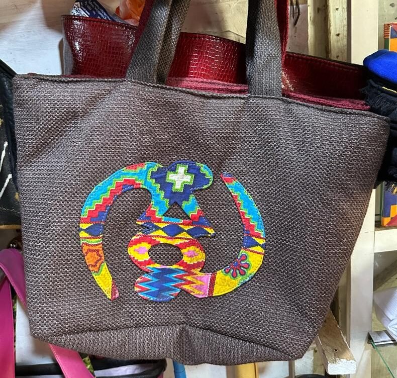Handcrafted Jute Tote Bag with Patchwork Gye Nyame Adinkra Symbol