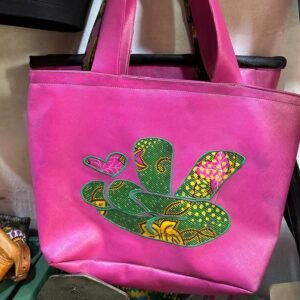 Handmade Pink Faux Leather Tote Bag with African Wax Print Applique