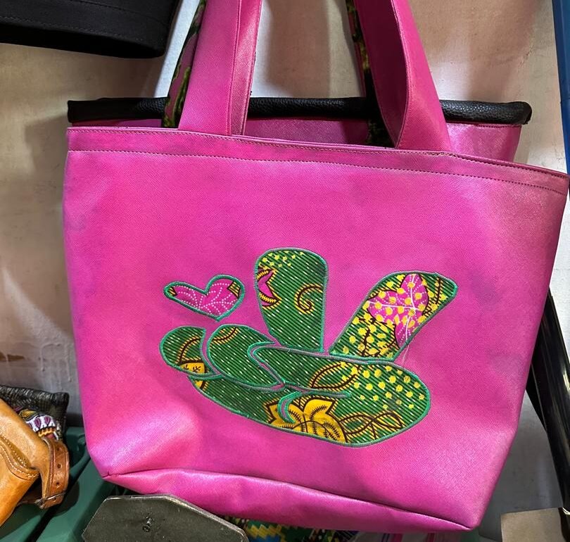 Handmade Pink Faux Leather Tote Bag with African Wax Print Applique