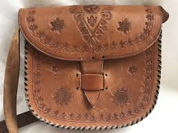 Vintage 1970s Style Hand-Tooled Brown Genuine Leather Crossbody Bag